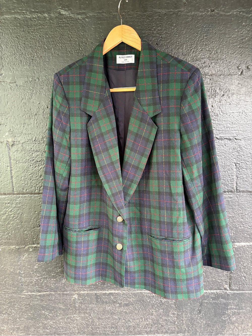 Alfred Dunner Green & Navy Plaid Wool Blazer with Gold Buttons